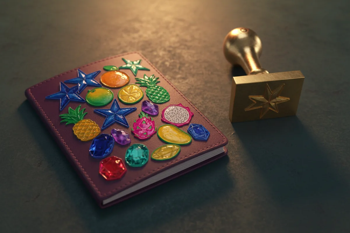 An open passport-style booklet full of colourful ink stamps beside a brass rubber stamp