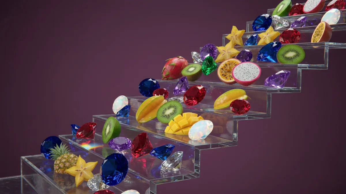 Cut gemstones tumbling down a grid and splitting light into colour
