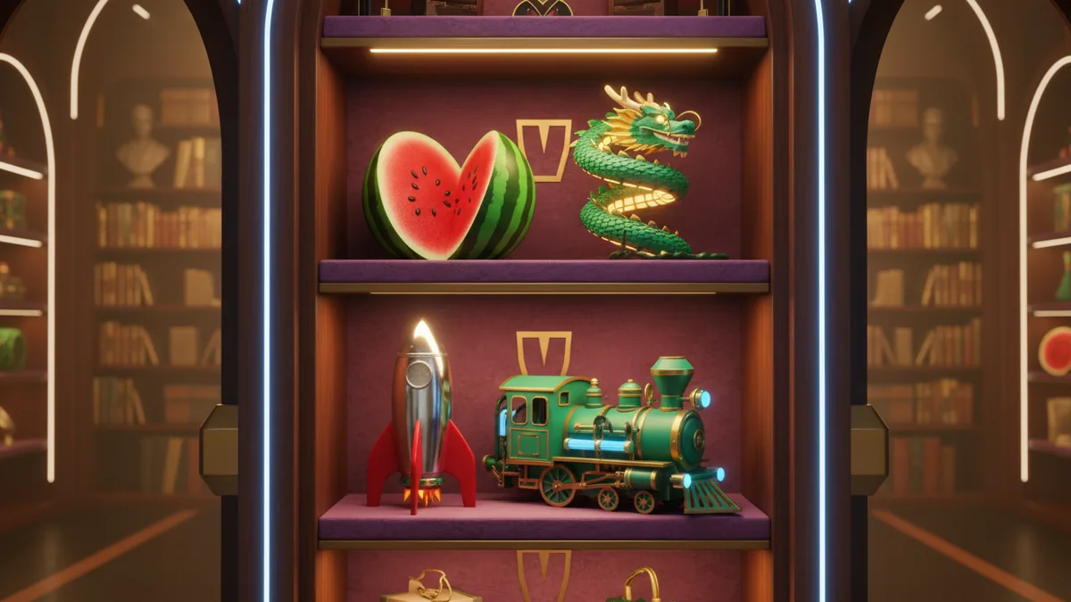 Game covers filed in an art deco cabinet of brass drawers